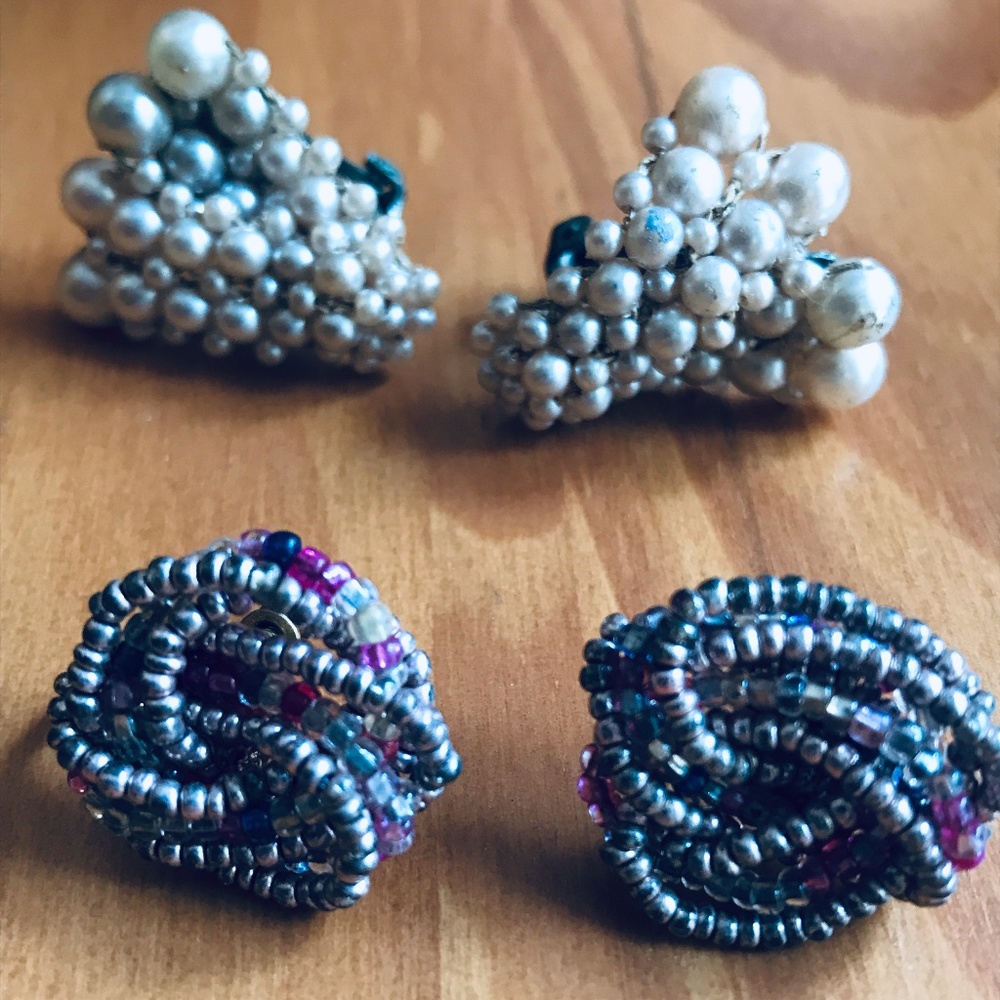 Beaded Vintage Earrings 2 pair Faux Pearl J17